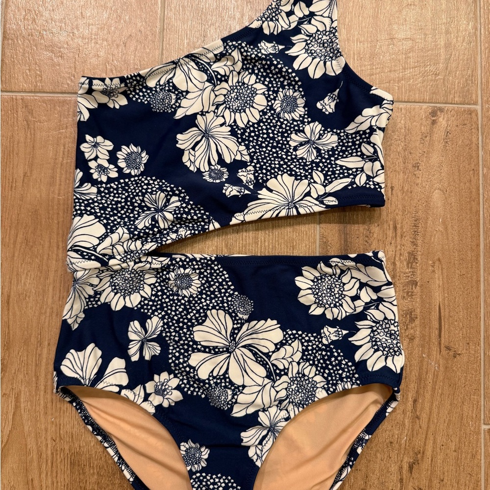 J. Crew Navy and White Floral One-Shoulder Swimsuit